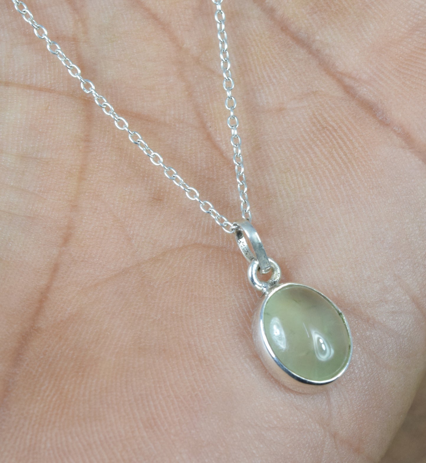 925 Solid Sterling Silver Green Prehnite Chain Pendant-18.7 Inch