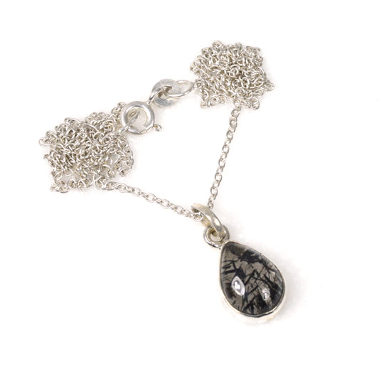 925 Solid Sterling Silver Black Rutile Chain Pendant-18.7 Inch