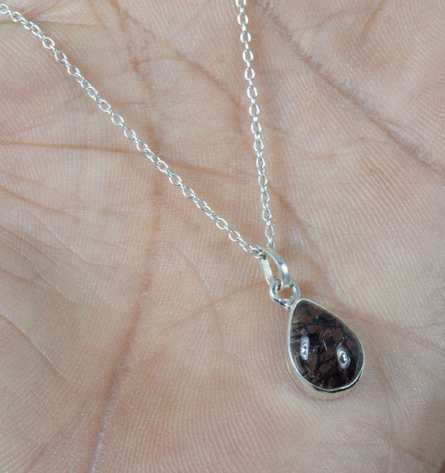 925 Solid Sterling Silver Black Rutile Chain Pendant-18.7 Inch