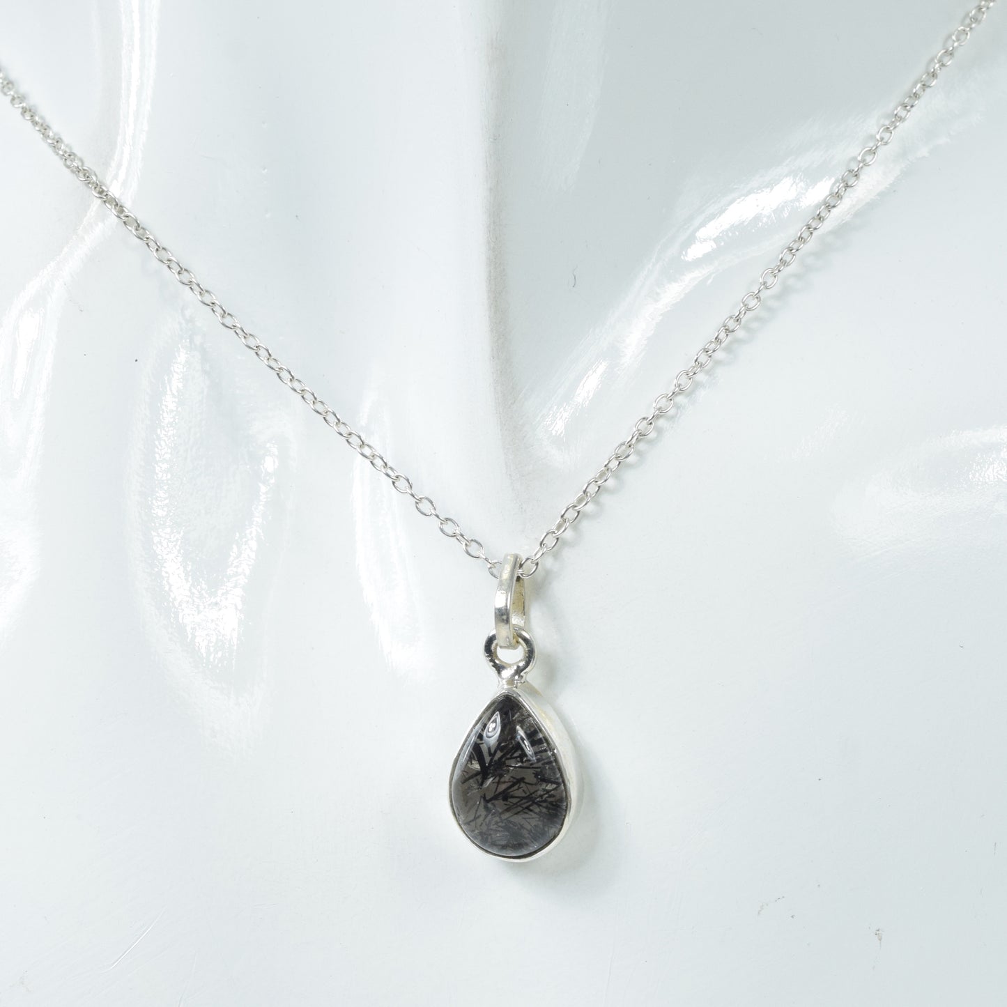 925 Solid Sterling Silver Black Rutile Chain Pendant-18.7 Inch