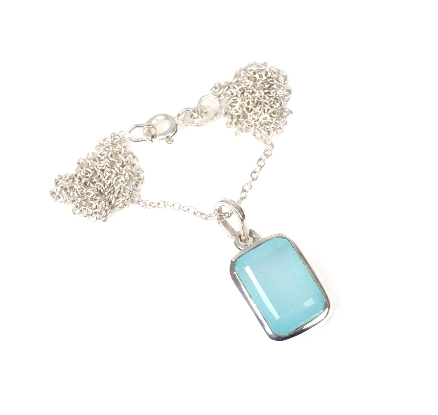 925 Solid Sterling Silver Faceted Blue Chalcedony Chain Pendant-18.8 Inch