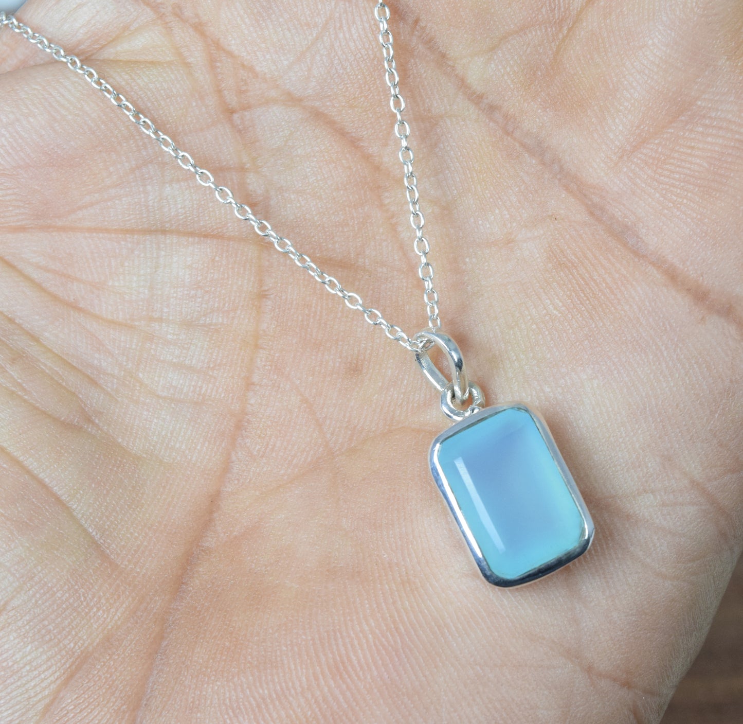 925 Solid Sterling Silver Faceted Blue Chalcedony Chain Pendant-18.8 Inch