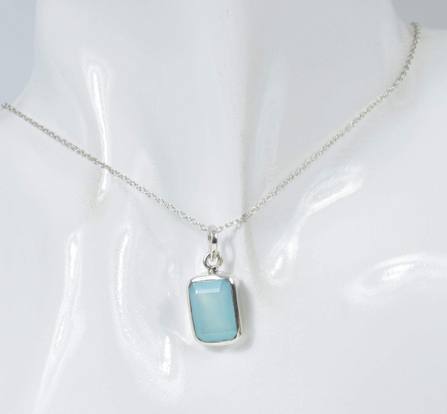 925 Solid Sterling Silver Faceted Blue Chalcedony Chain Pendant-18.8 Inch