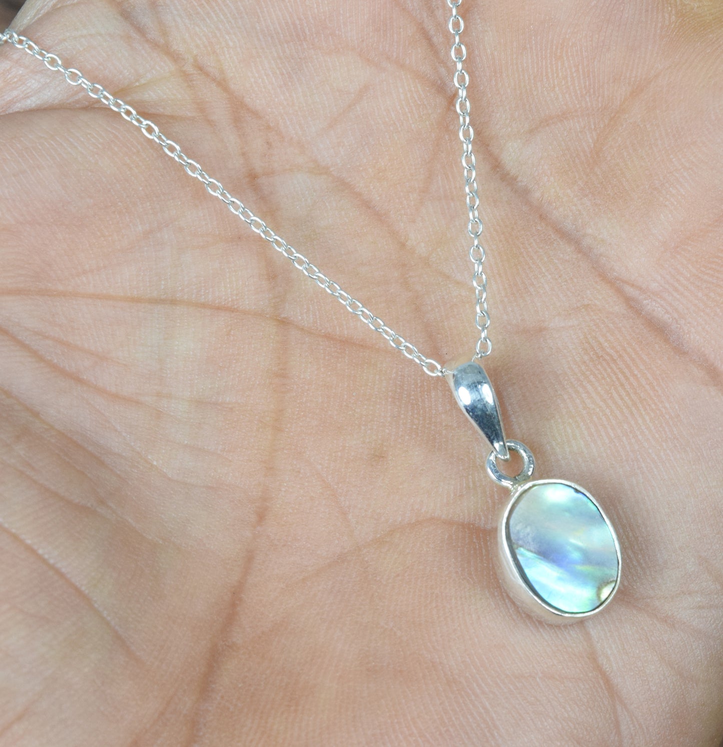 925 Solid Sterling Silver Abalone Shell Chain Pendant-18.8 Inch