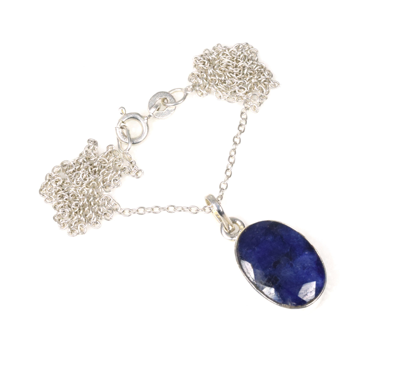 925 Solid Sterling Silver Cut Simulated Blue Sapphire Chain Pendant-19 Inch