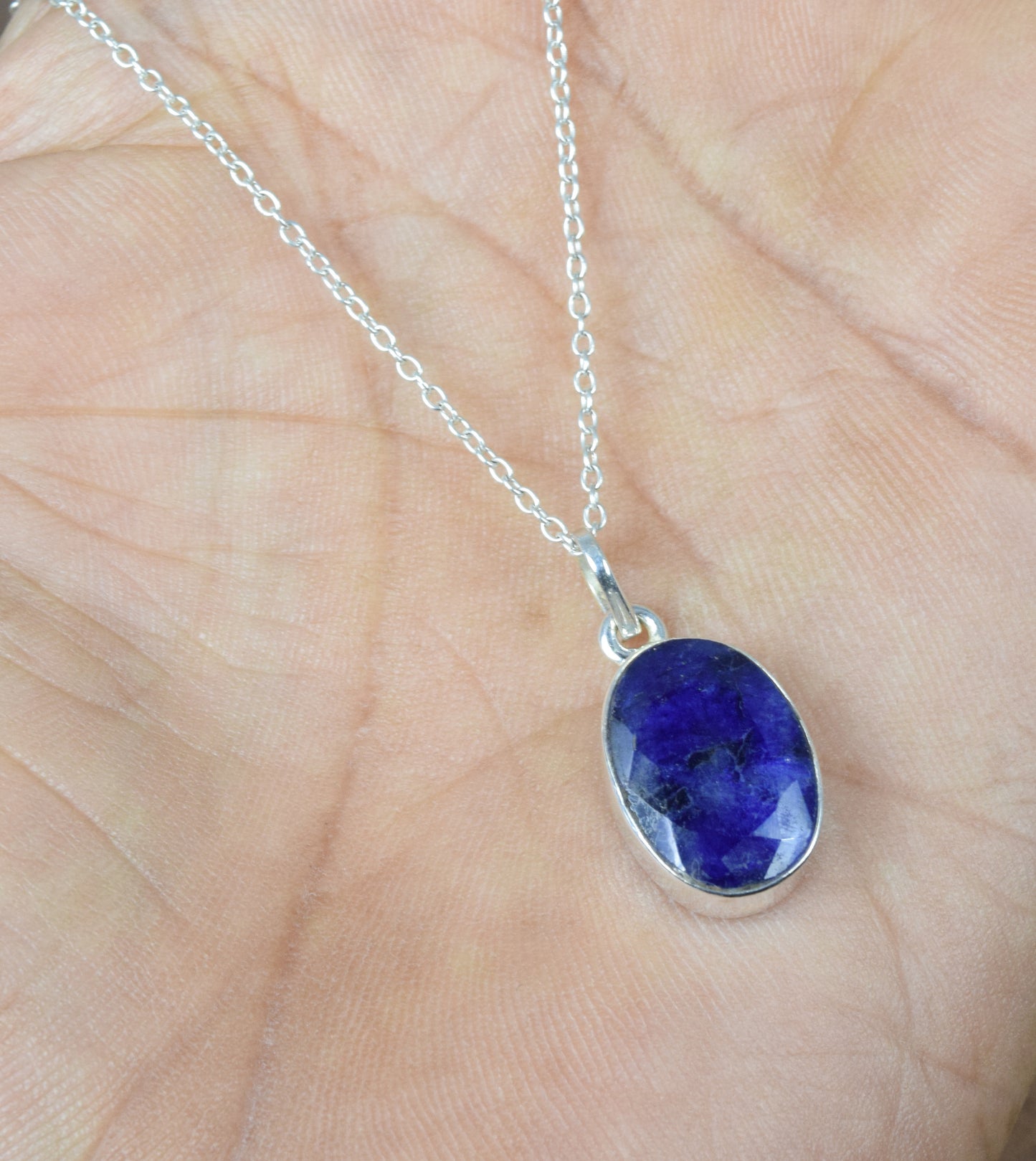 925 Solid Sterling Silver Cut Simulated Blue Sapphire Chain Pendant-19 Inch