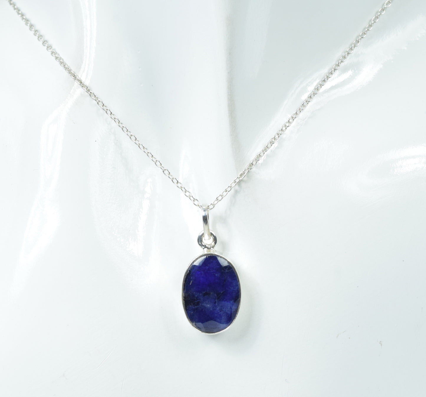 925 Solid Sterling Silver Cut Simulated Blue Sapphire Chain Pendant-19 Inch