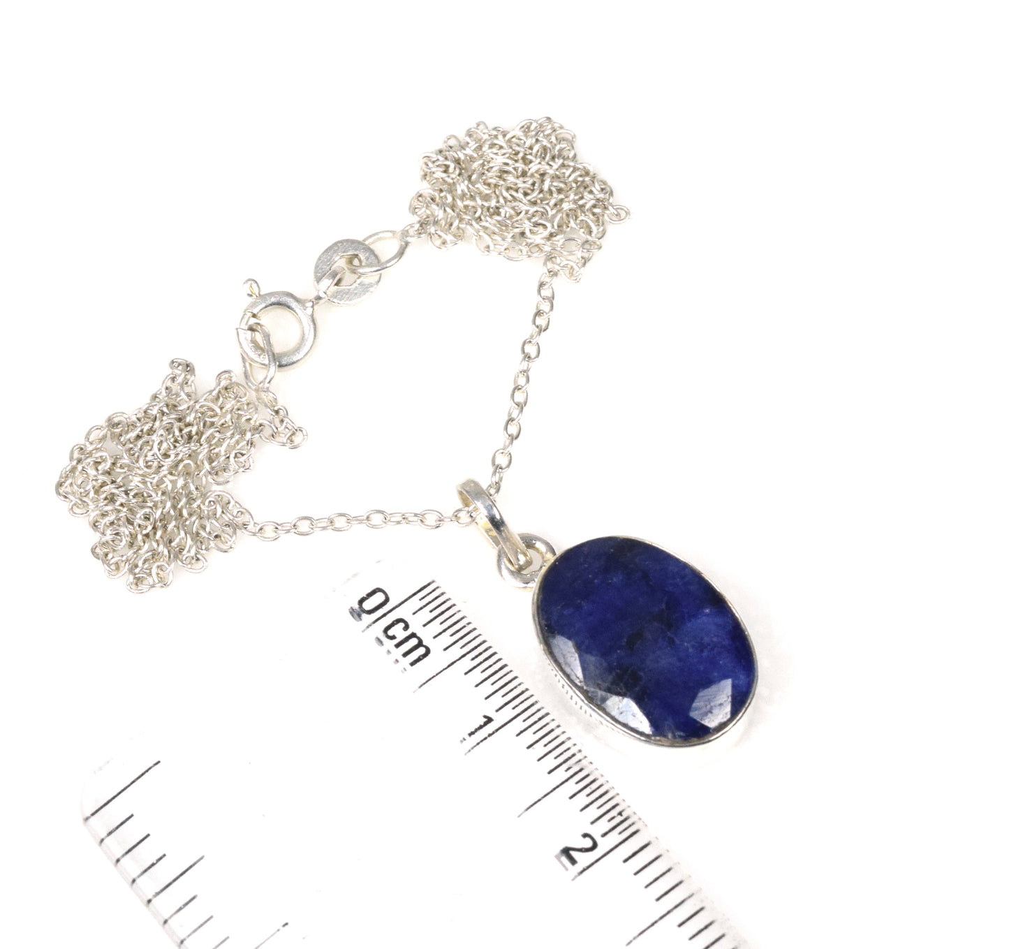 925 Solid Sterling Silver Cut Simulated Blue Sapphire Chain Pendant-19 Inch