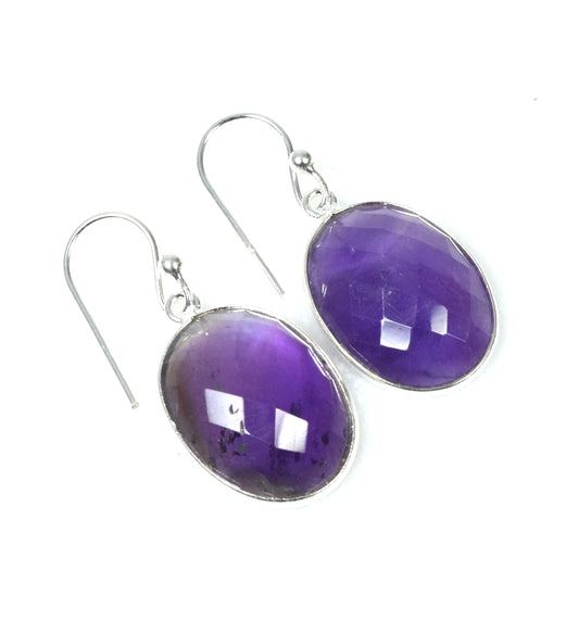 925 Solid Sterling Silver Faceted Purple Amethyst Hook Earring-1.3 Inch