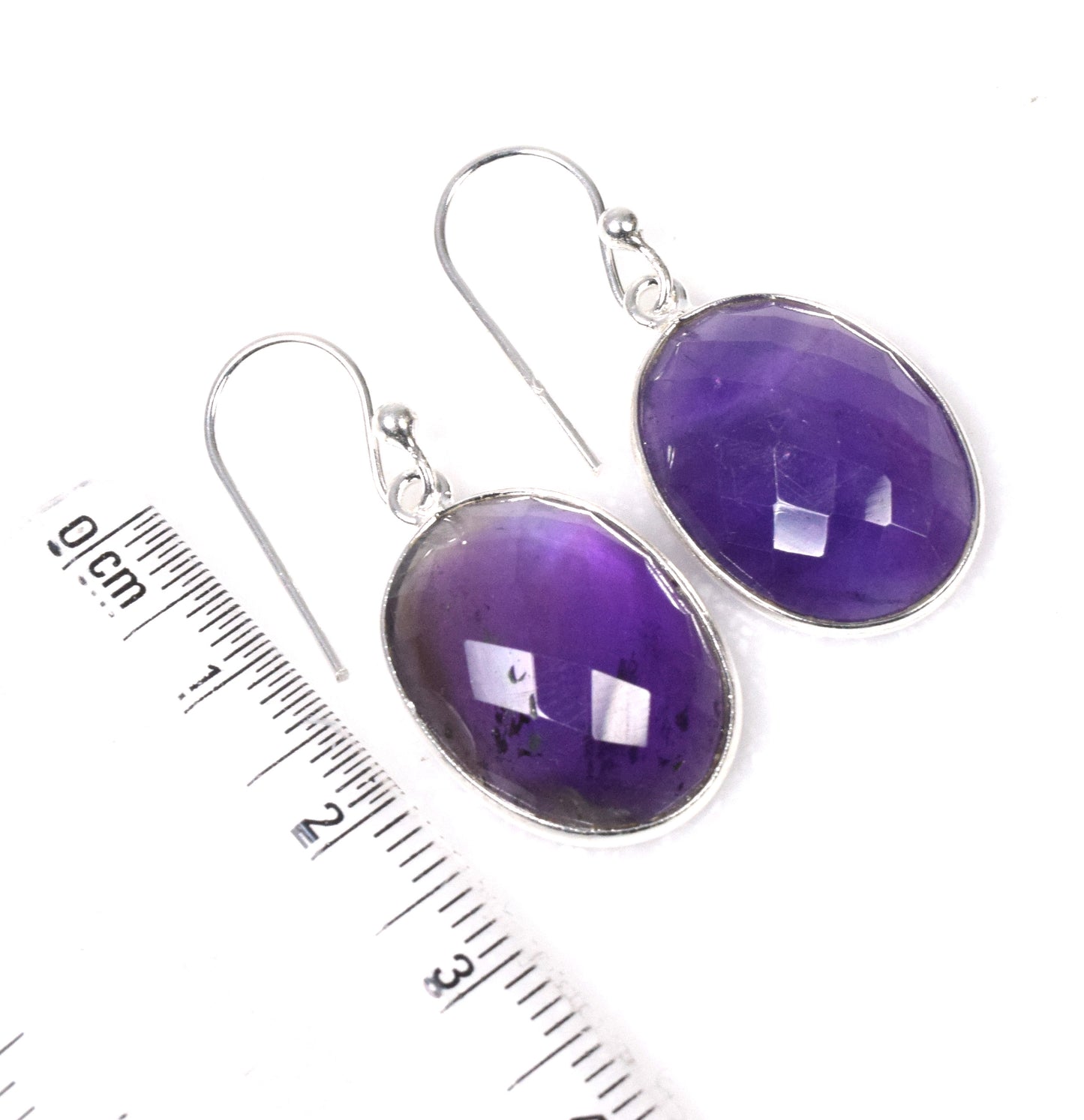 925 Solid Sterling Silver Faceted Purple Amethyst Hook Earring-1.3 Inch