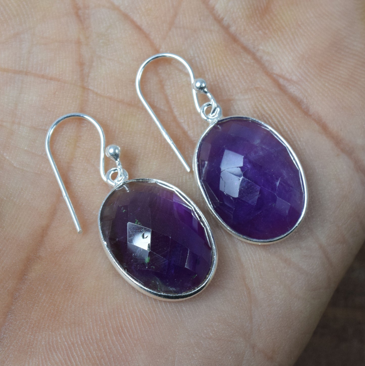 925 Solid Sterling Silver Faceted Purple Amethyst Hook Earring-1.3 Inch
