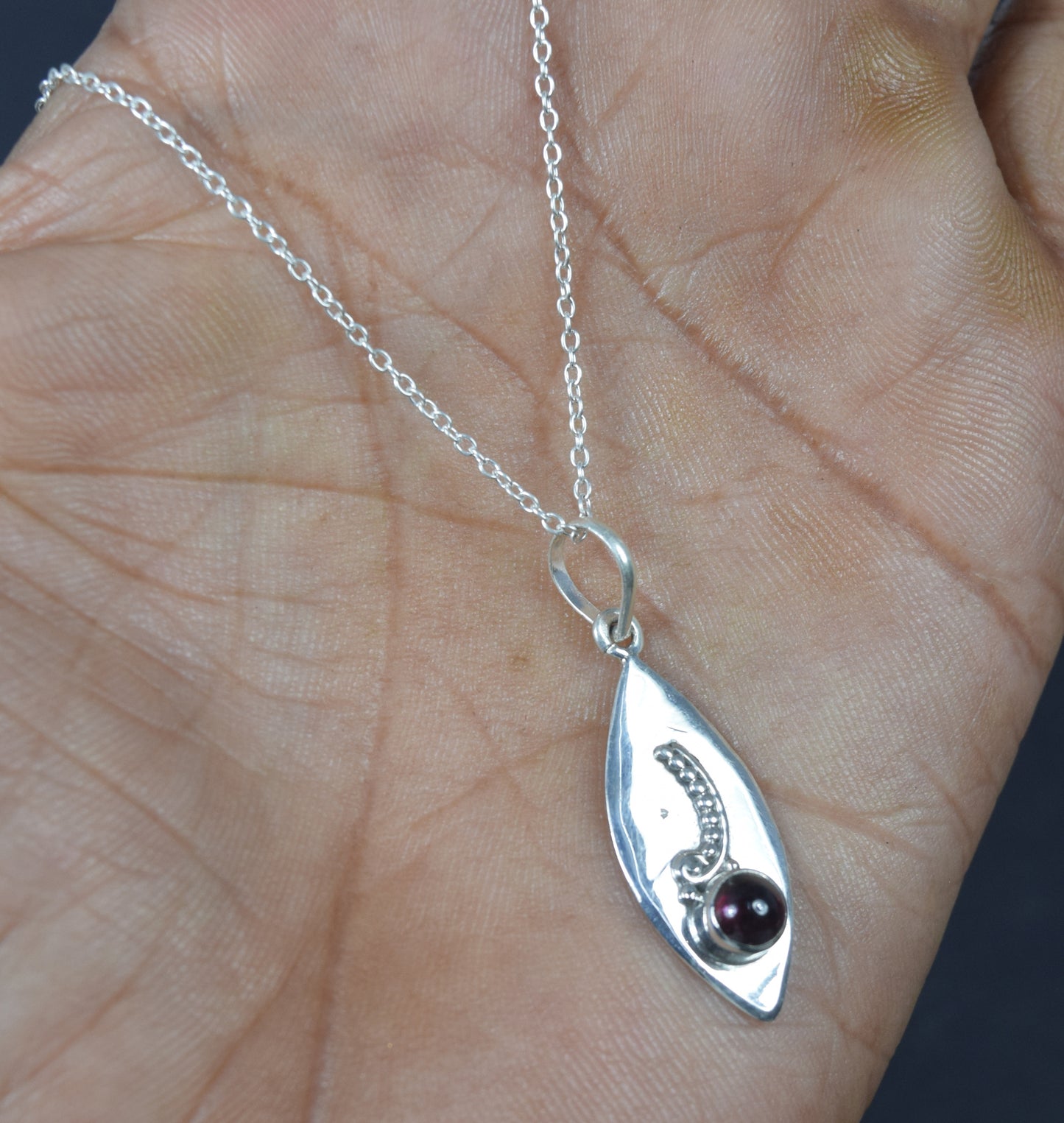 925 Solid Sterling Silver Red Garnet Chain Pendant - 19.2 Inch