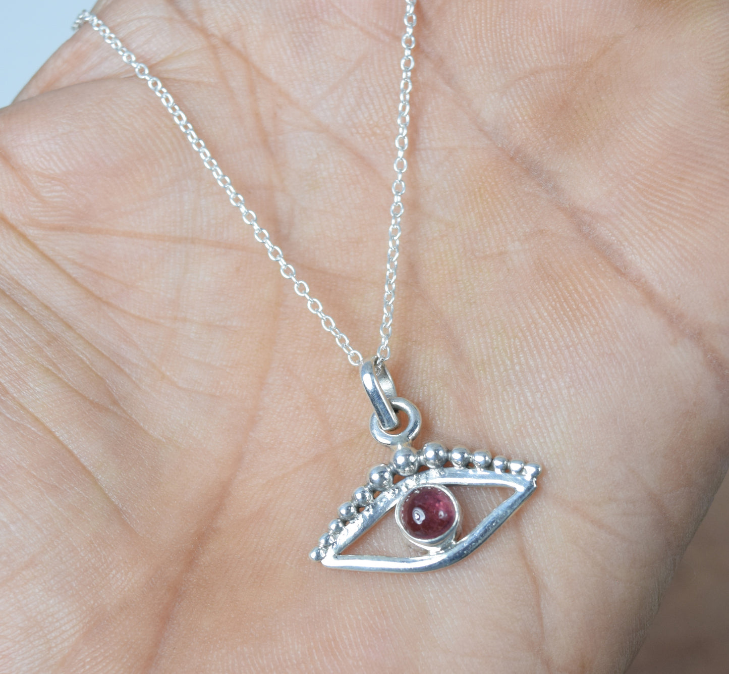 925 Solid Sterling Silver Pink Tourmaline Chain Pendant - 18.7 Inch