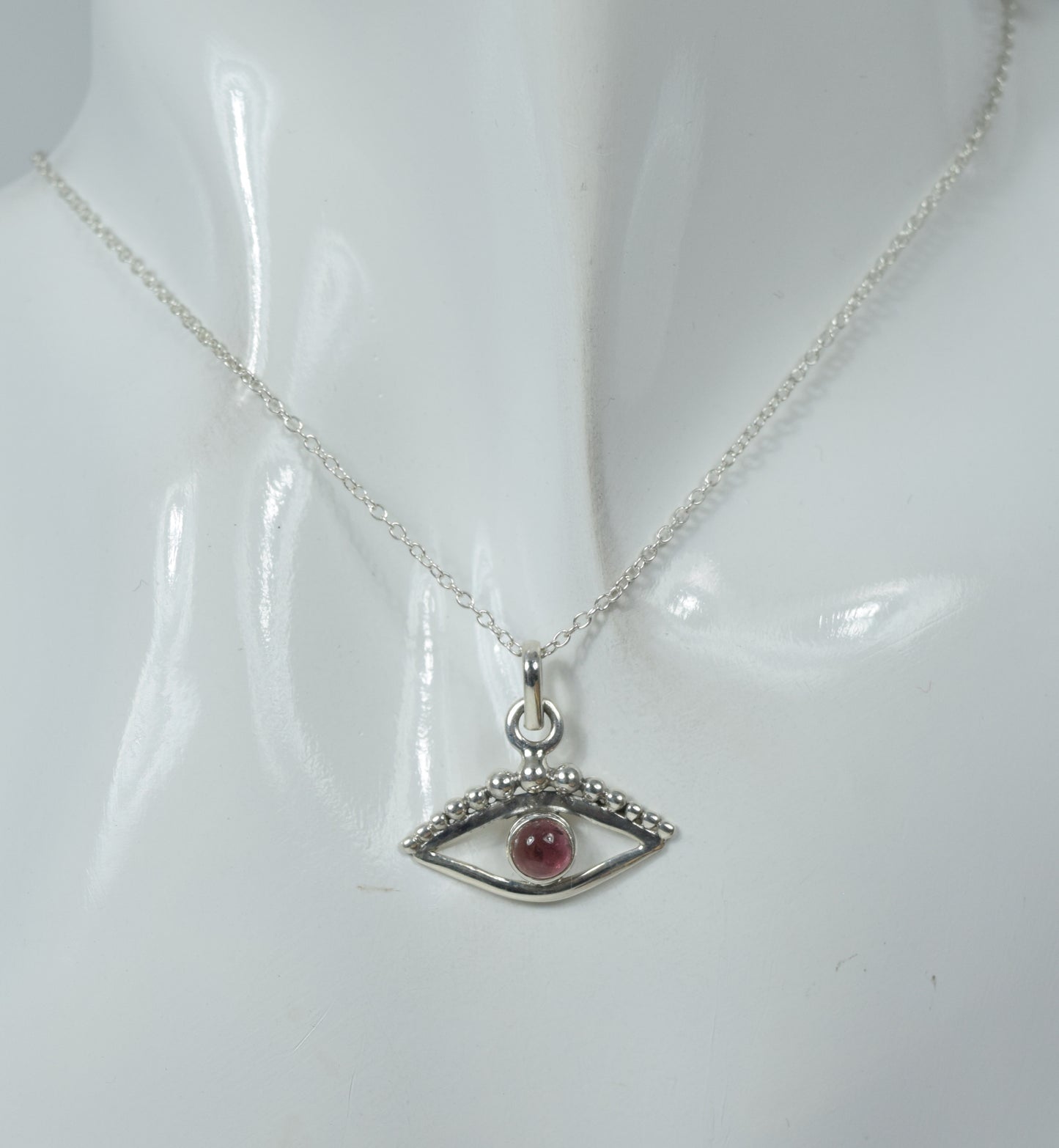 925 Solid Sterling Silver Pink Tourmaline Chain Pendant - 18.7 Inch