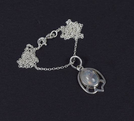 925 Solid Sterling Silver White Rainbow Moonstone Chain Pendant - 19 Inch