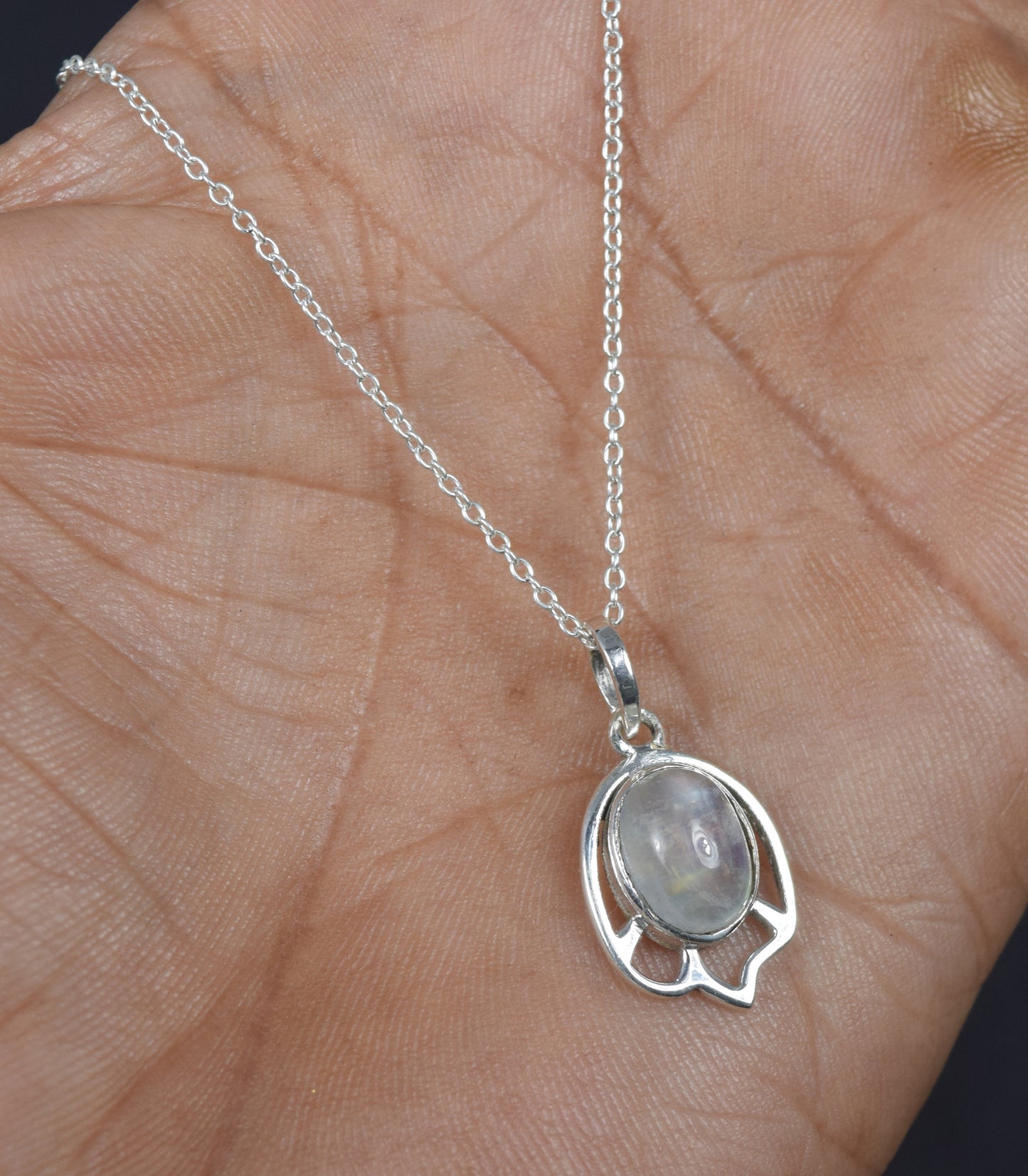 925 Solid Sterling Silver White Rainbow Moonstone Chain Pendant - 19 Inch