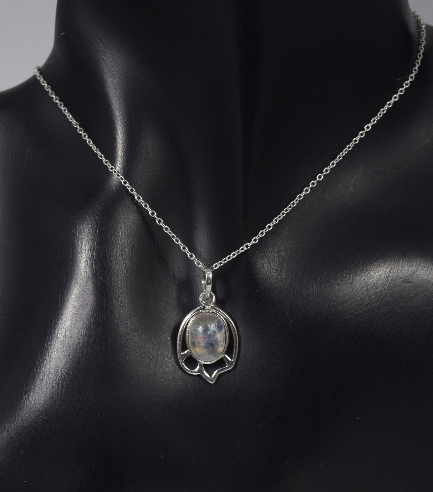 925 Solid Sterling Silver White Rainbow Moonstone Chain Pendant - 19 Inch
