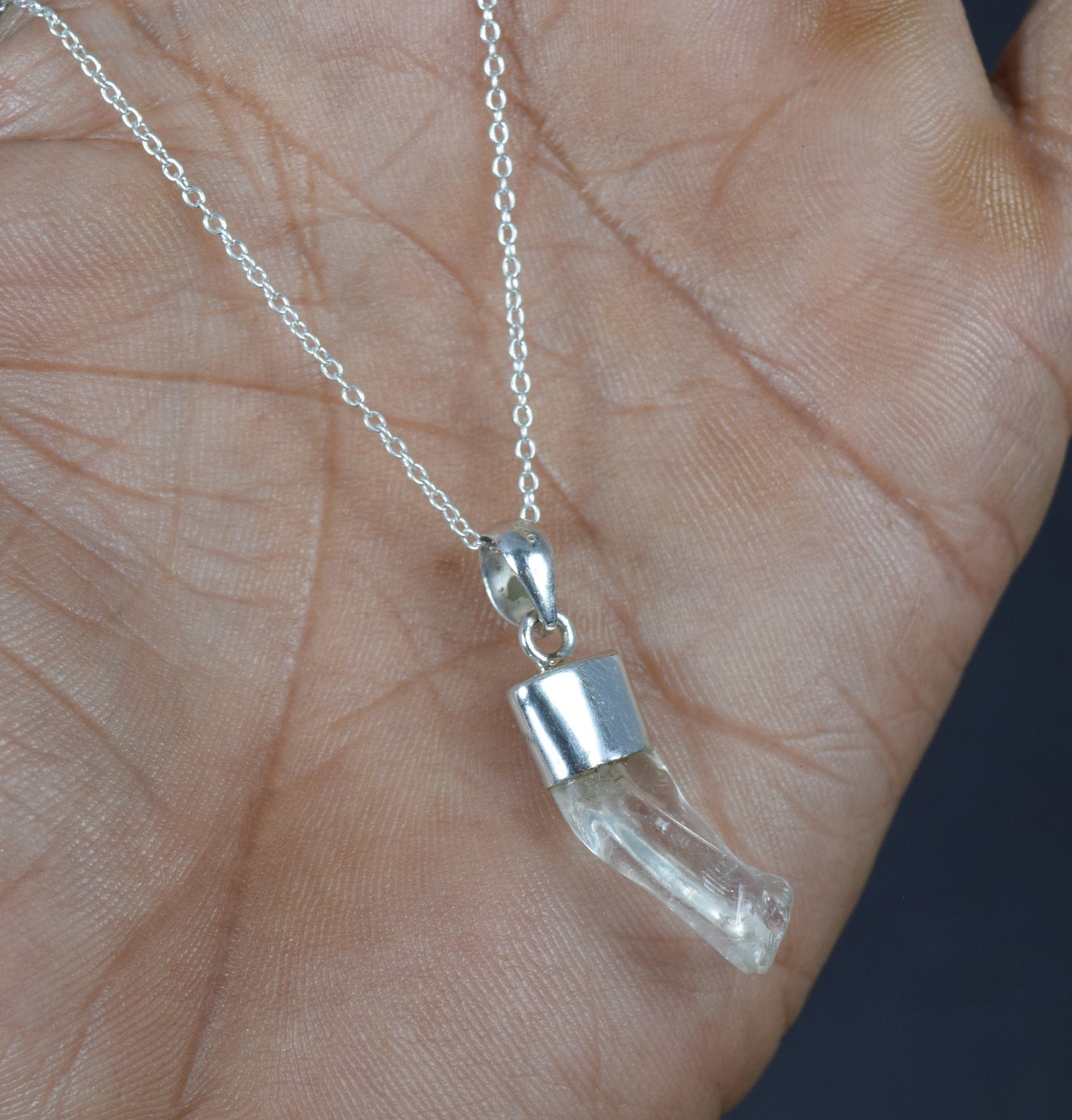 925 Solid Sterling Silver Rough Clear Crystal Quartz Chain Pendant
