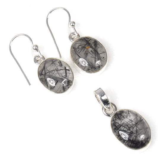 925 Solid Sterling Silver Black Rutile Hook Earring Pendant Set