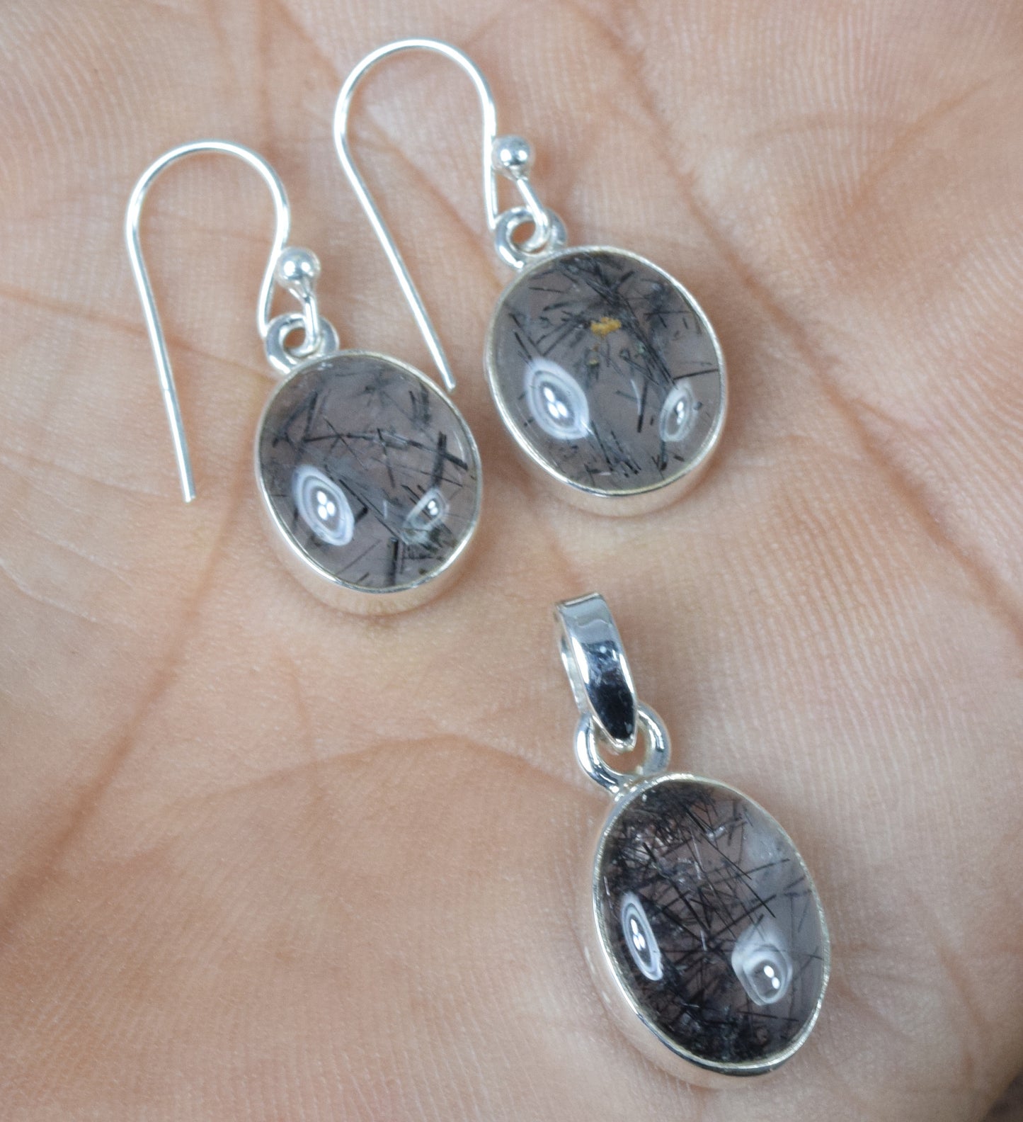 925 Solid Sterling Silver Black Rutile Hook Earring Pendant Set