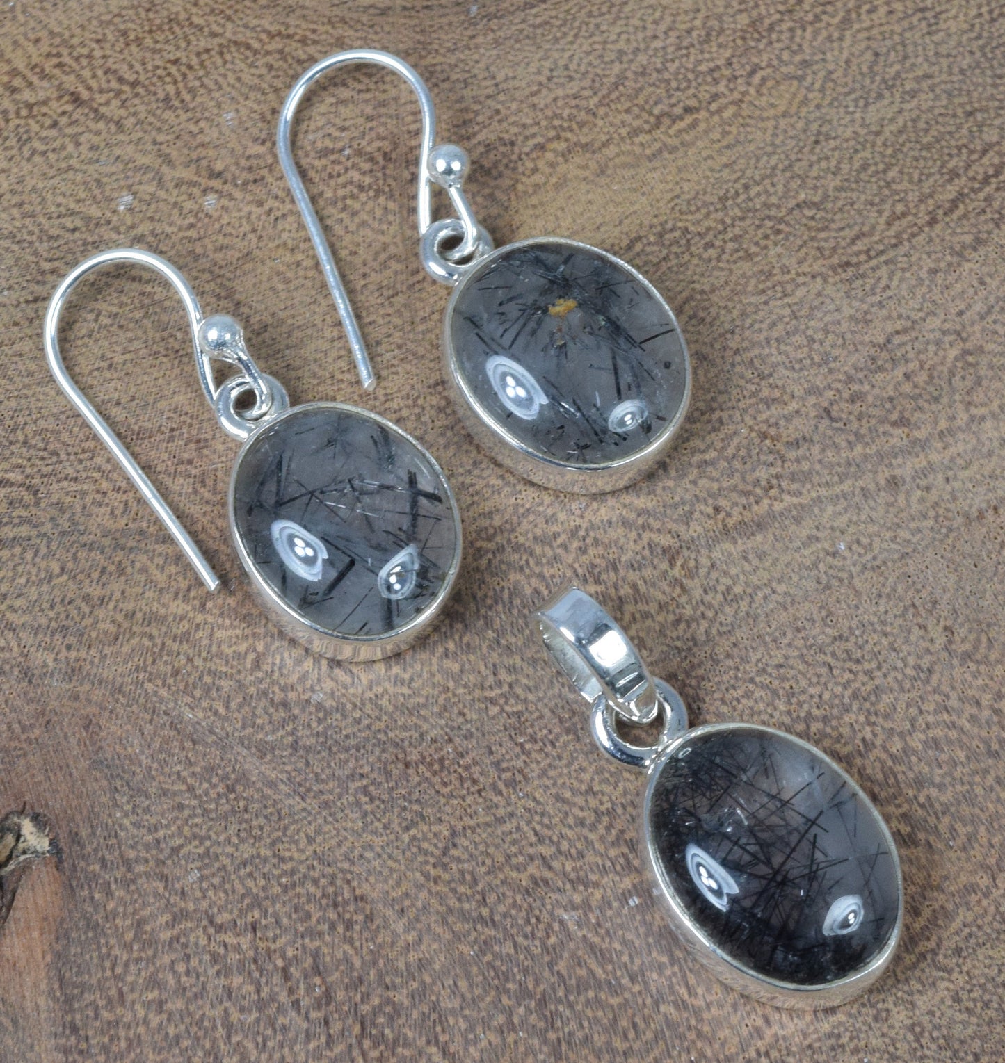 925 Solid Sterling Silver Black Rutile Hook Earring Pendant Set