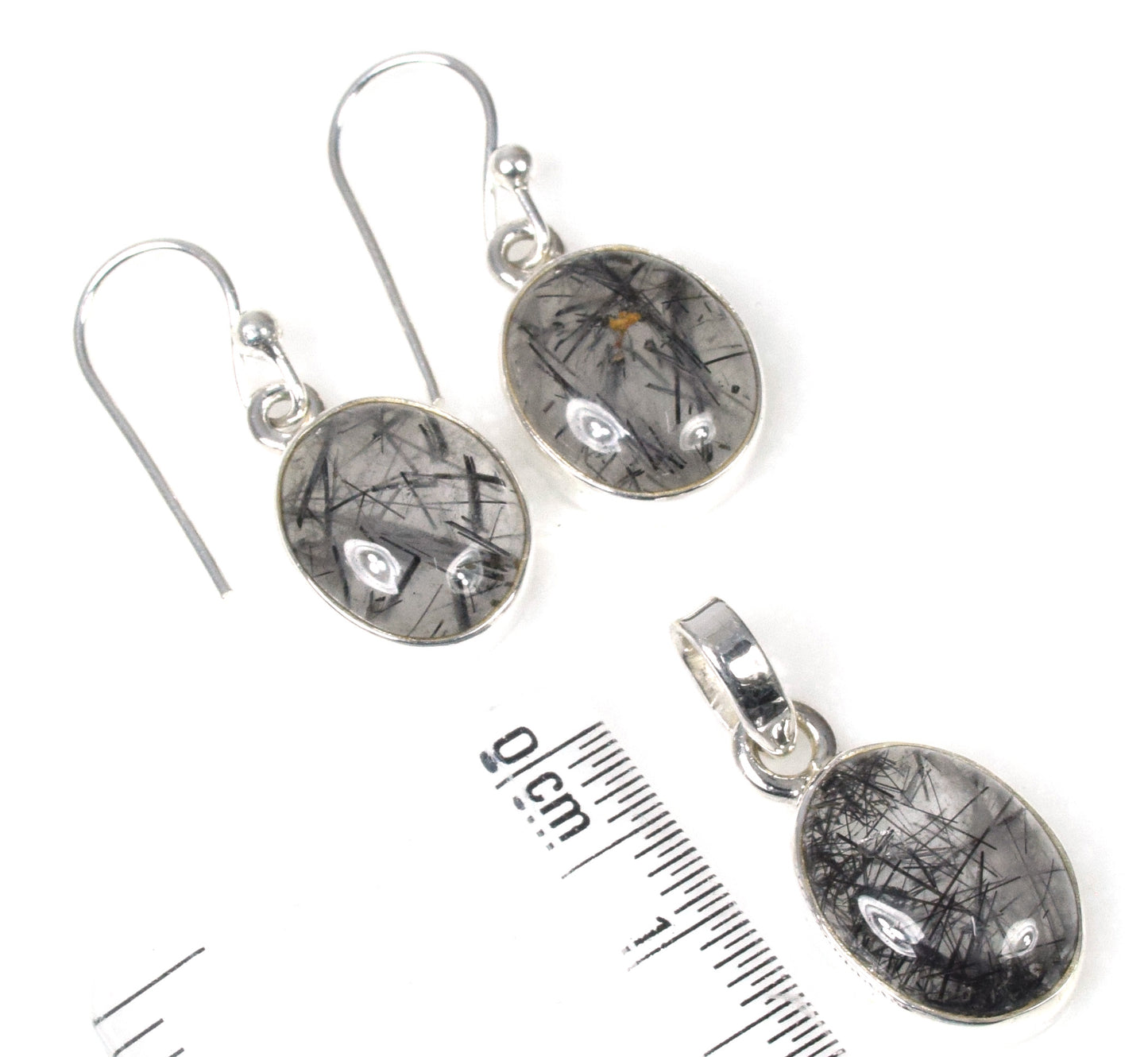 925 Solid Sterling Silver Black Rutile Hook Earring Pendant Set