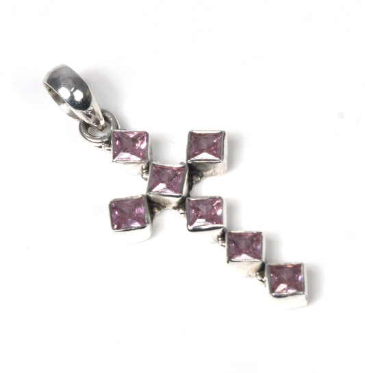 925 Solid Sterling Silver Faceted Pink Topaz Christmas Cross Pendant