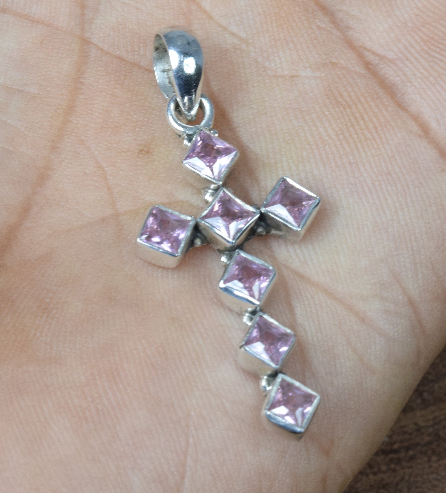 925 Solid Sterling Silver Faceted Pink Topaz Christmas Cross Pendant