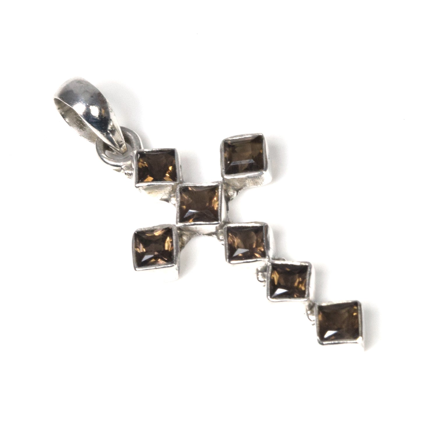 925 Solid Sterling Silver Faceted Smoky Quartz Christmas Cross Pendant