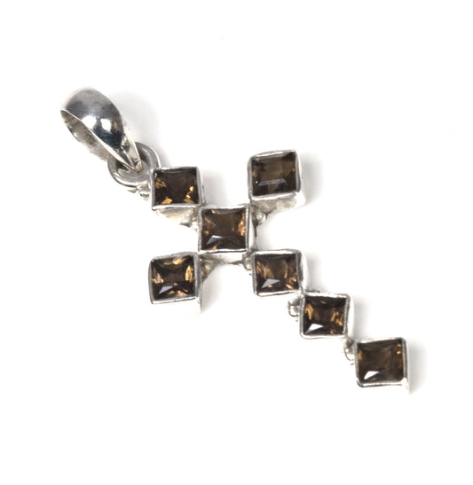925 Solid Sterling Silver Faceted Smoky Quartz Christmas Cross Pendant