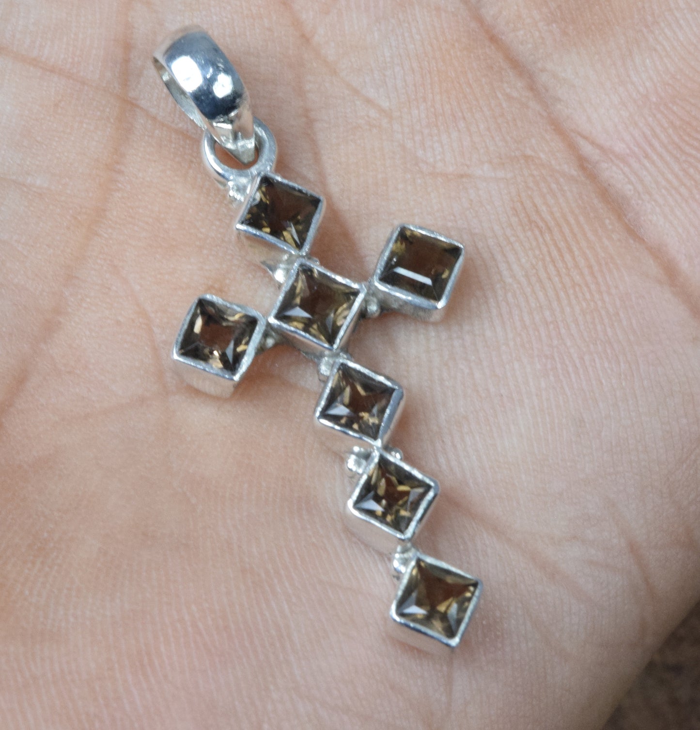 925 Solid Sterling Silver Faceted Smoky Quartz Christmas Cross Pendant