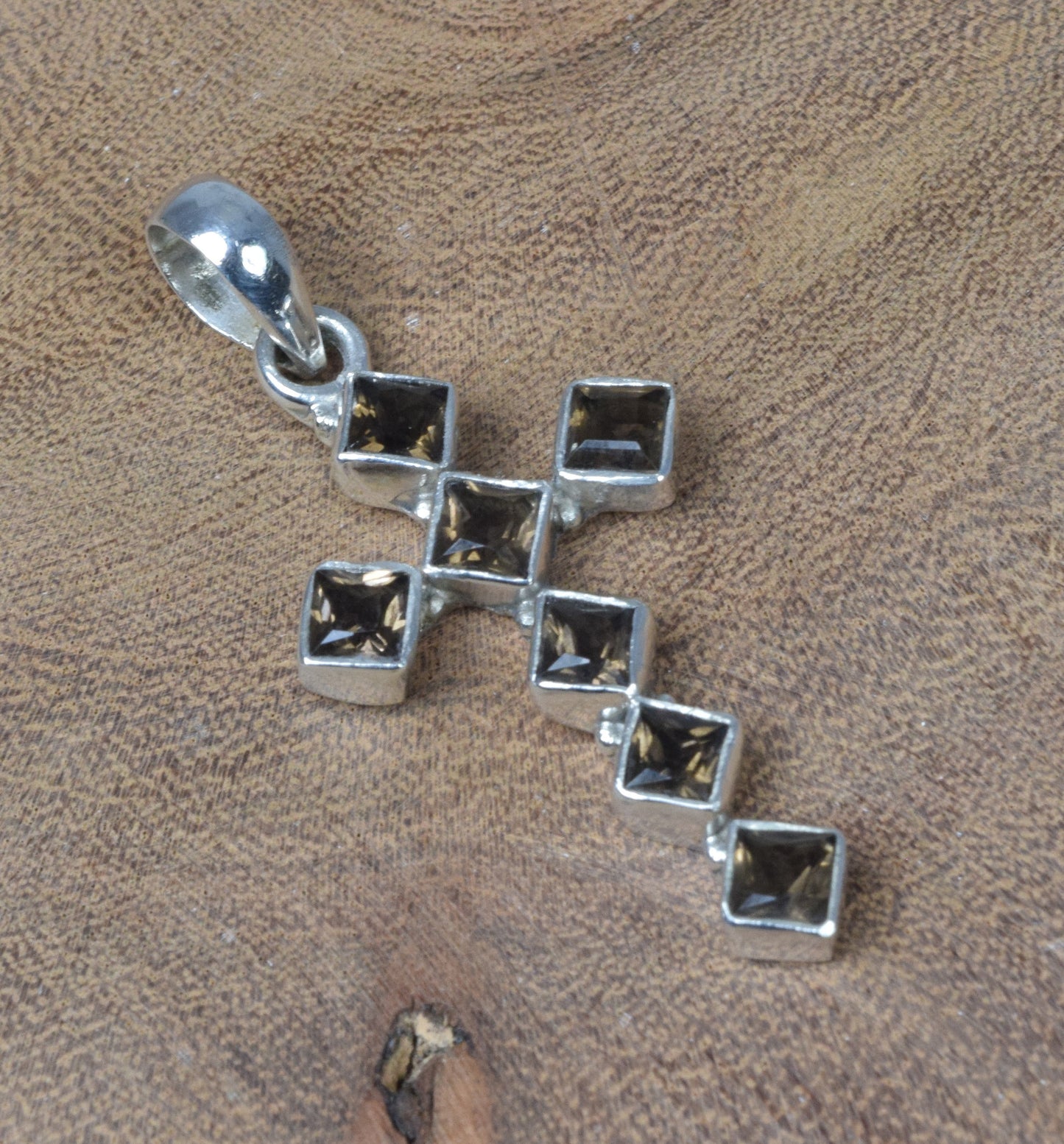 925 Solid Sterling Silver Faceted Smoky Quartz Christmas Cross Pendant