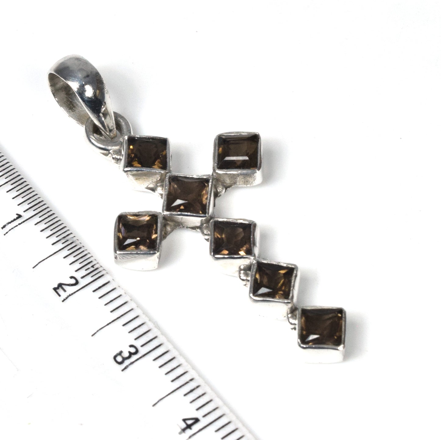 925 Solid Sterling Silver Faceted Smoky Quartz Christmas Cross Pendant