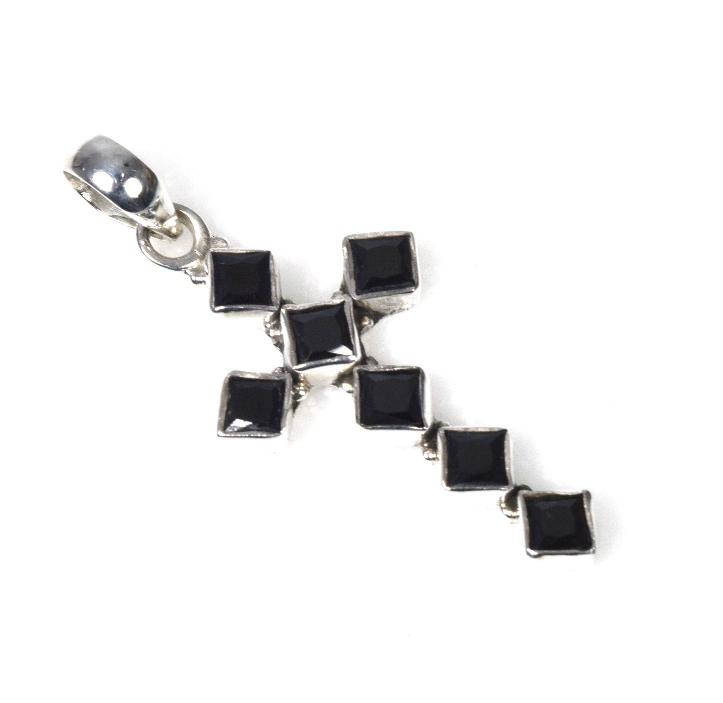 925 Solid Sterling Silver Faceted Black Onyx Christmas Cross Pendant