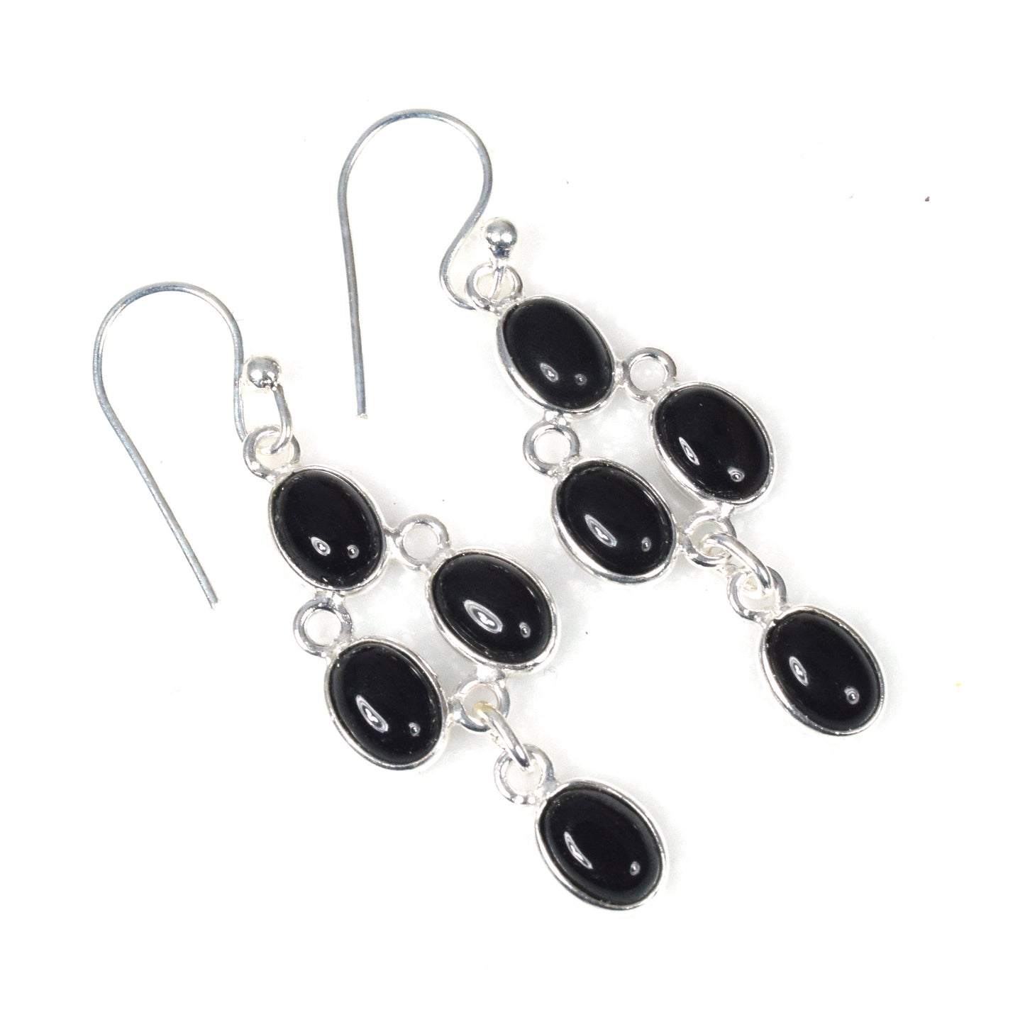 925 Solid Sterling Silver Black Onyx Hook Earring - 1.7 Inch