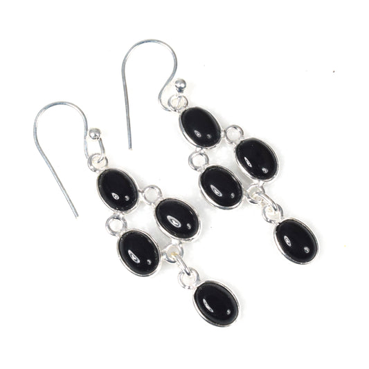 925 Solid Sterling Silver Black Onyx Hook Earring - 1.7 Inch