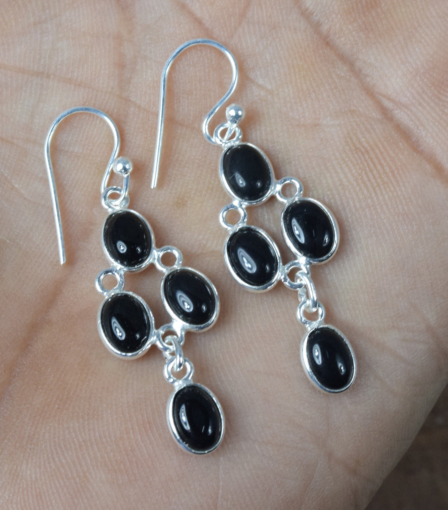 925 Solid Sterling Silver Black Onyx Hook Earring - 1.7 Inch