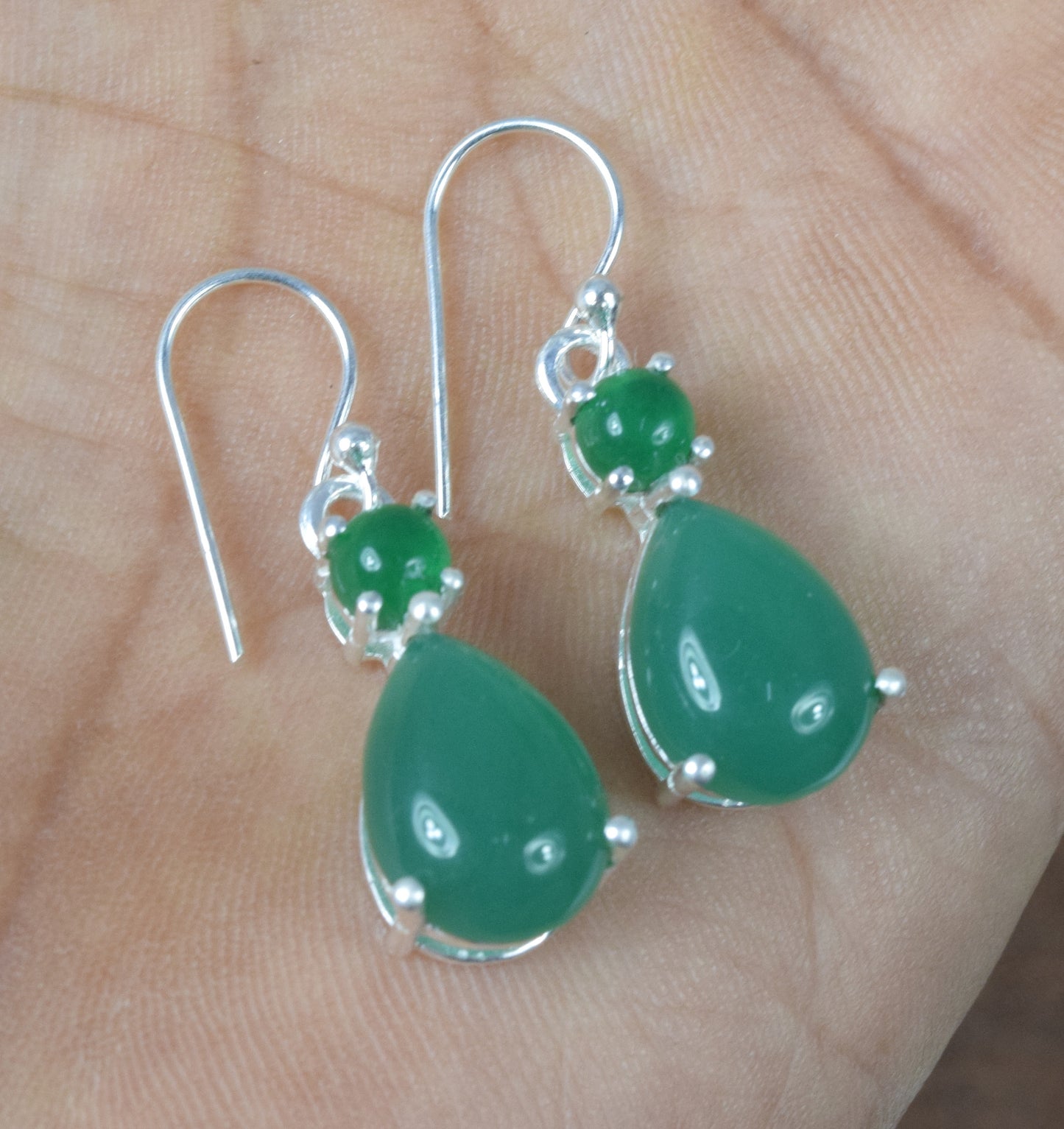 925 Solid Sterling Silver Green Onyx Hook Earring - 1.2 Inch