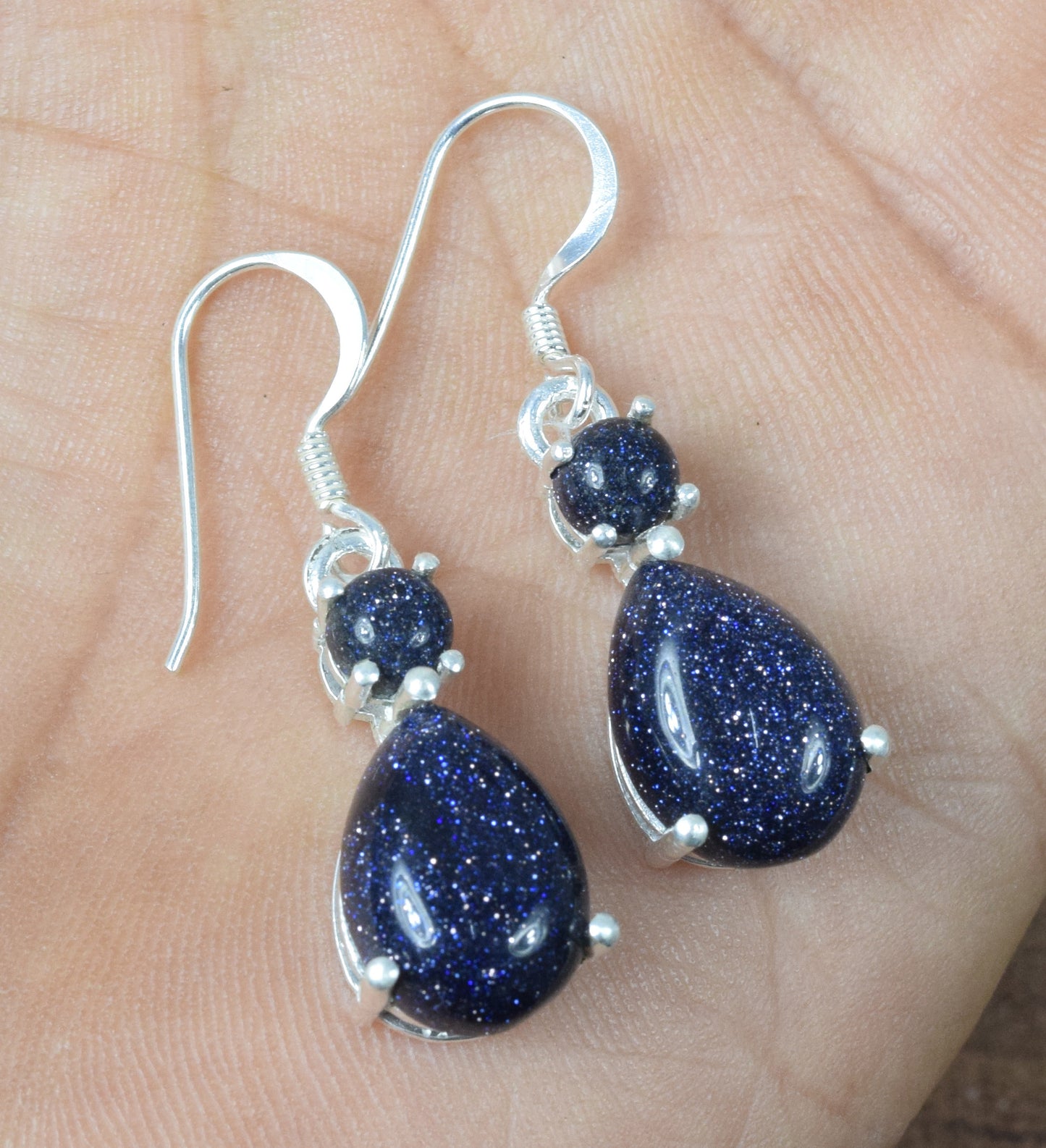 925 Solid Sterling Silver Blue Sunstone Hook Earring - 1.2 Inch