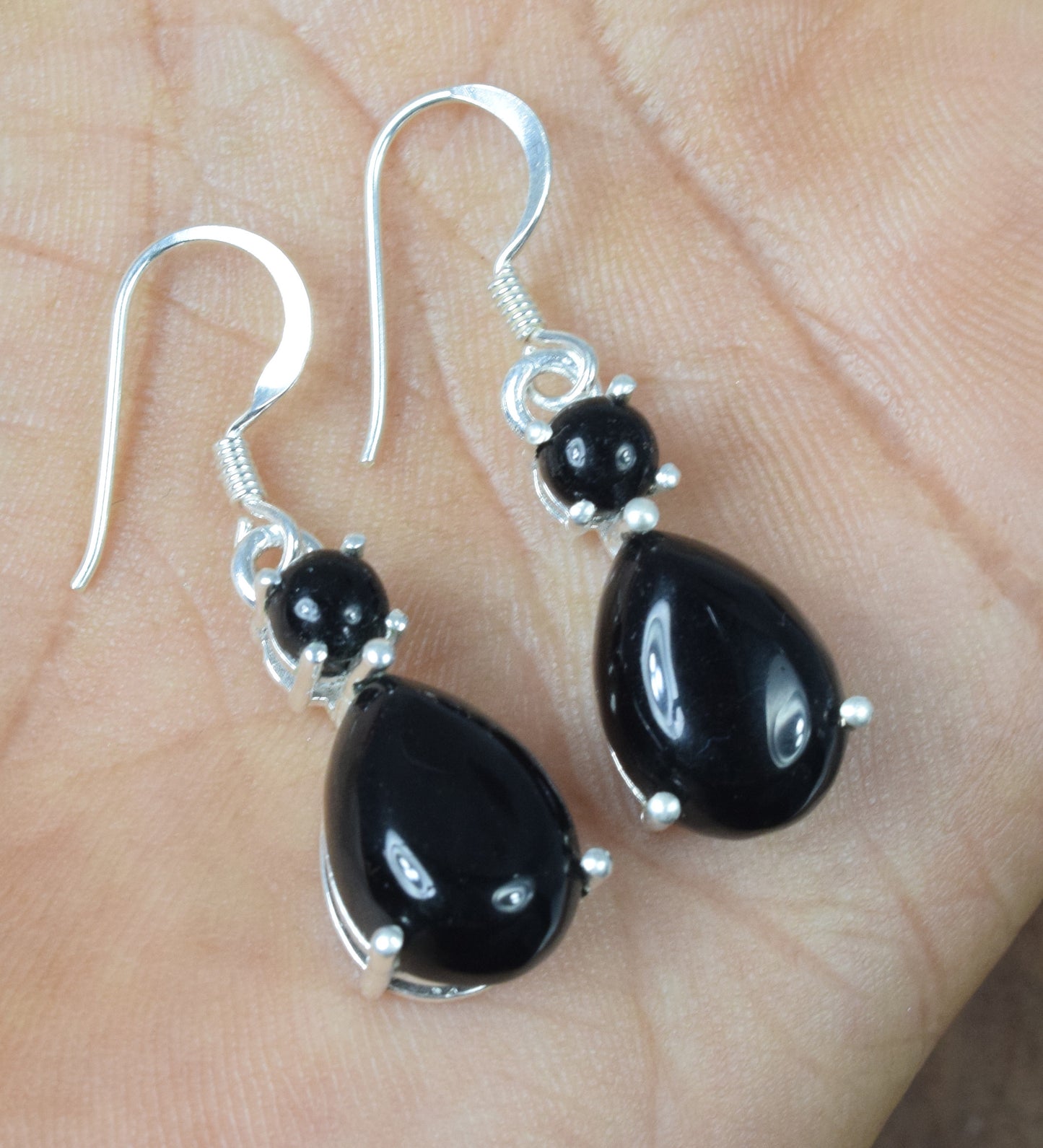 925 Solid Sterling Silver Black Onyx Hook Earring - 1.2 Inch