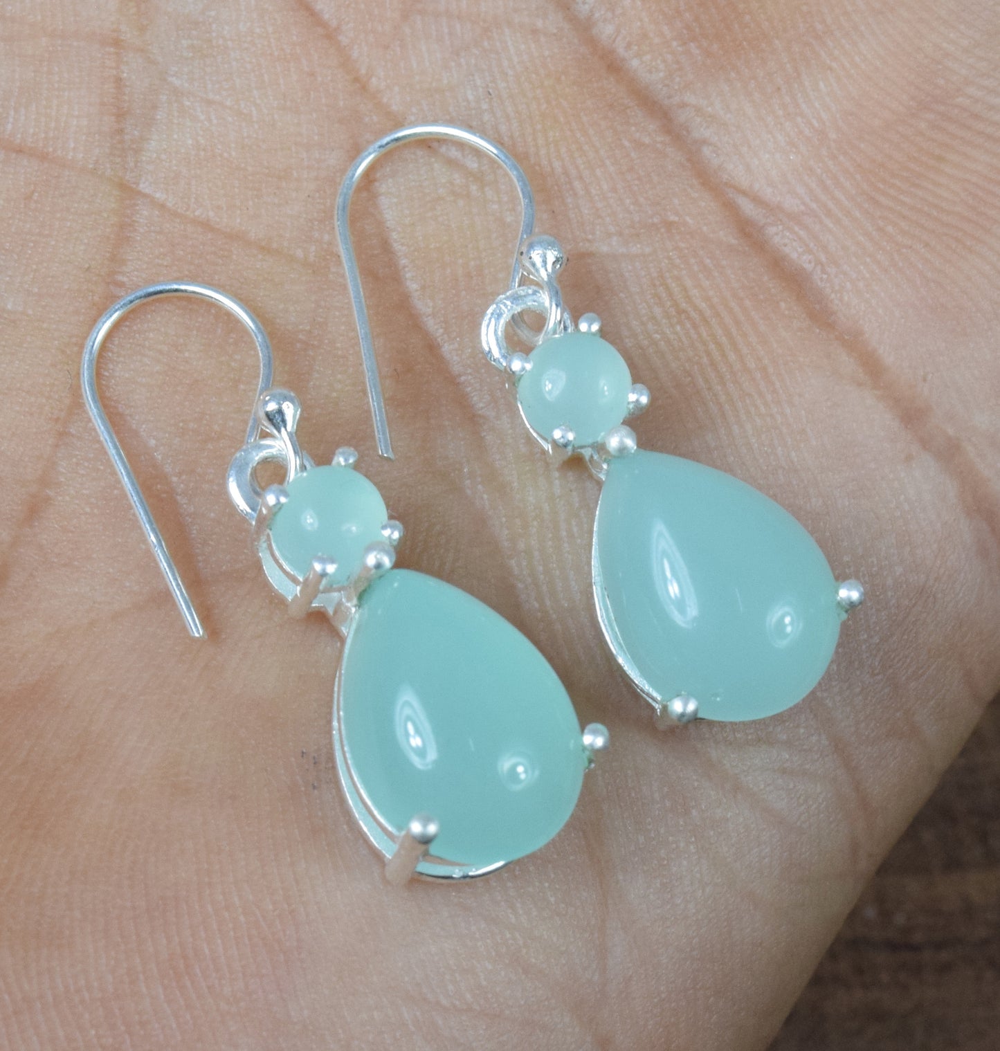 925 Solid Sterling Silver Aqua Chalcedony Hook Earring - 1.2 Inch