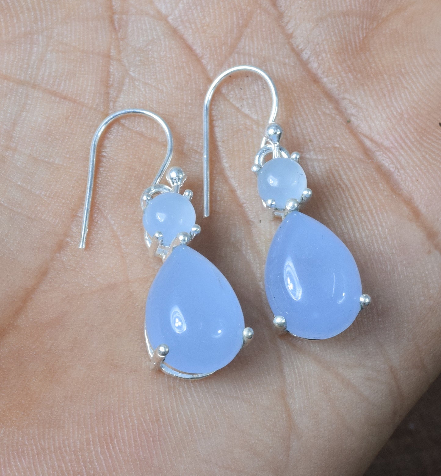 925 Solid Sterling Silver Blue Chalcedony Hook Earring - 1.2 Inch