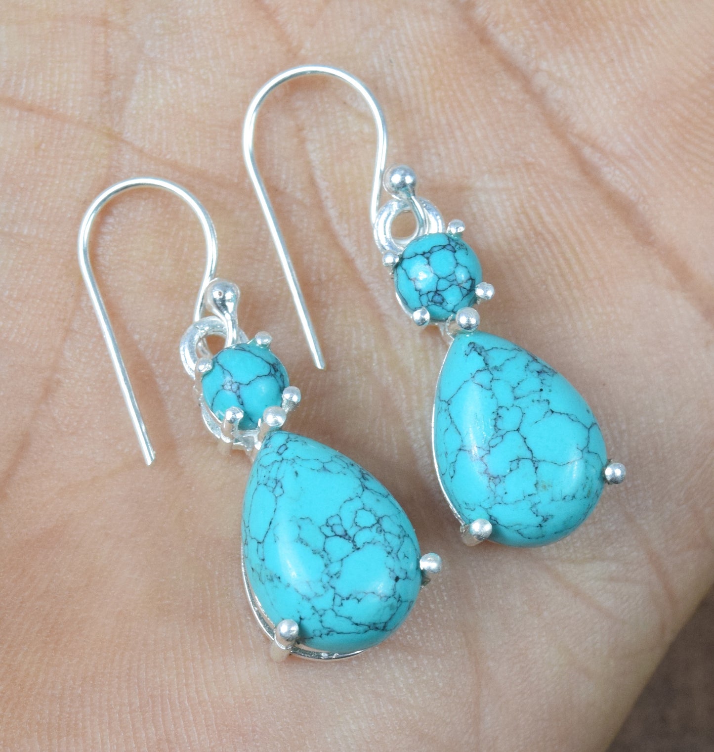 925 Solid Sterling Silver Blue Turquoise Hook Earring - 1.2 Inch