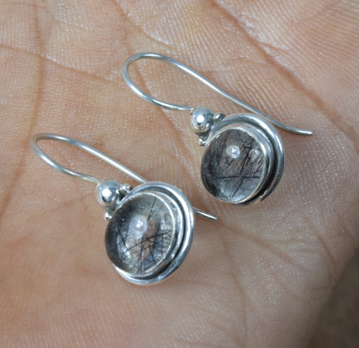 925 Solid Sterling Silver Black Rutile Hook Earring - 1 Inch