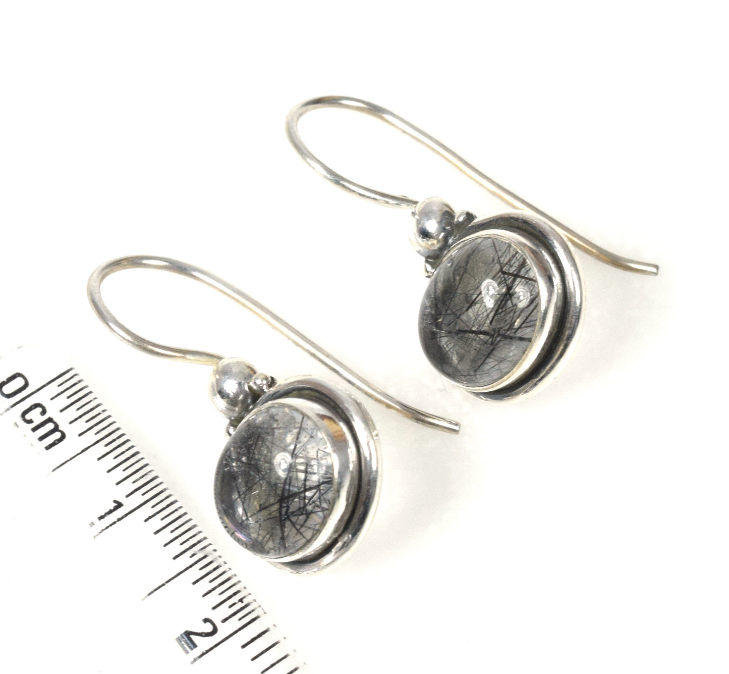 925 Solid Sterling Silver Black Rutile Hook Earring - 1 Inch