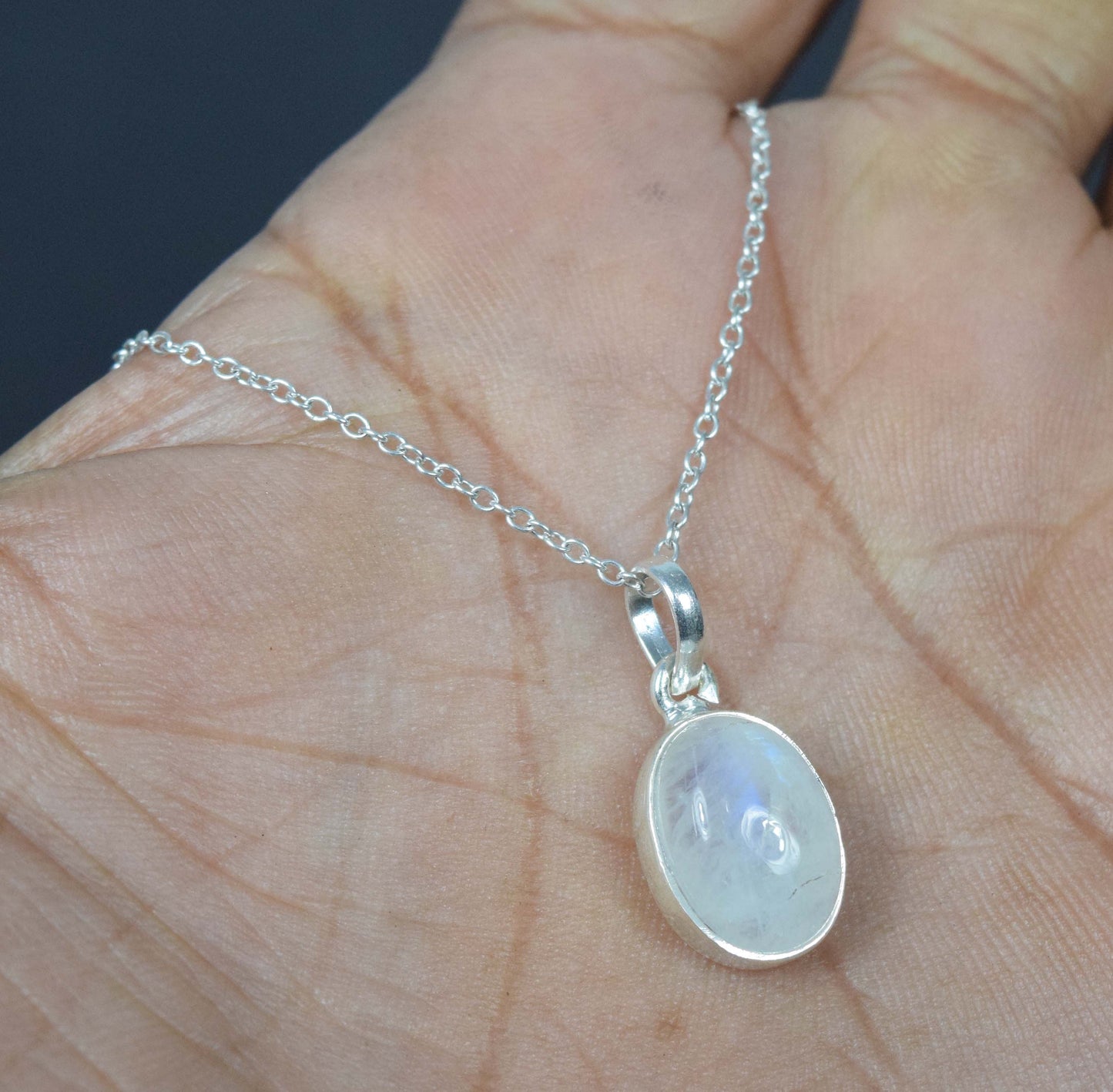 925 Solid Sterling Silver White Rainbow Moonstone Chain Pendant-18.9 Inch