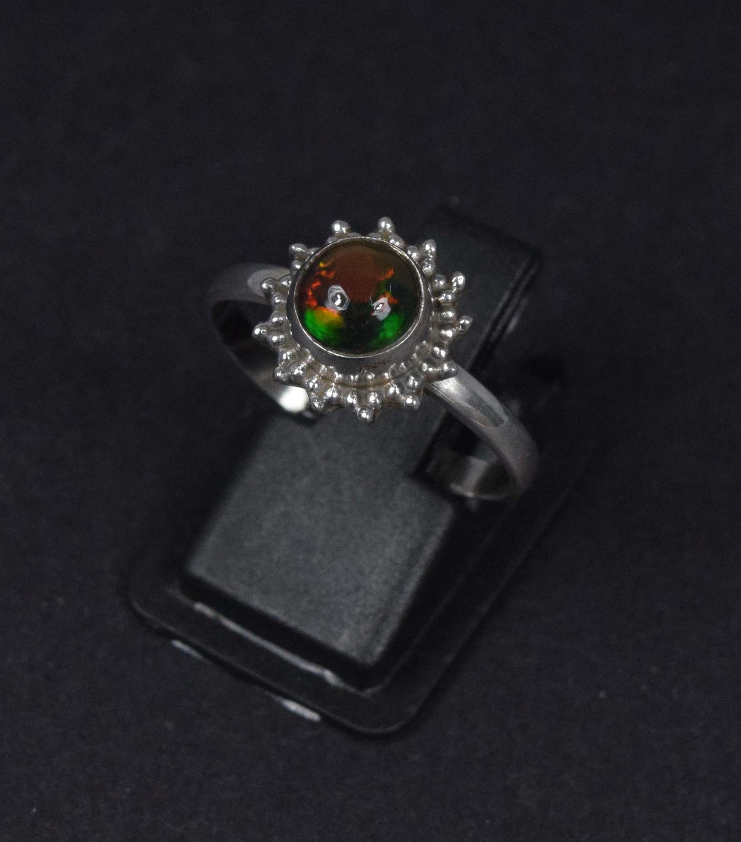 925 Solid Sterling Silver Natural Black Ethiopian Opal Flower Style Ring - 2.4 Grams