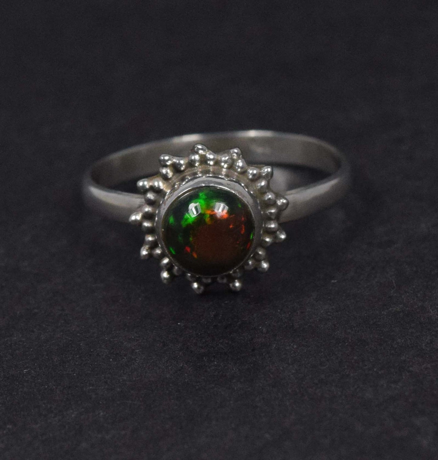 925 Solid Sterling Silver Natural Black Ethiopian Opal Flower Style Ring - 2.4 Grams