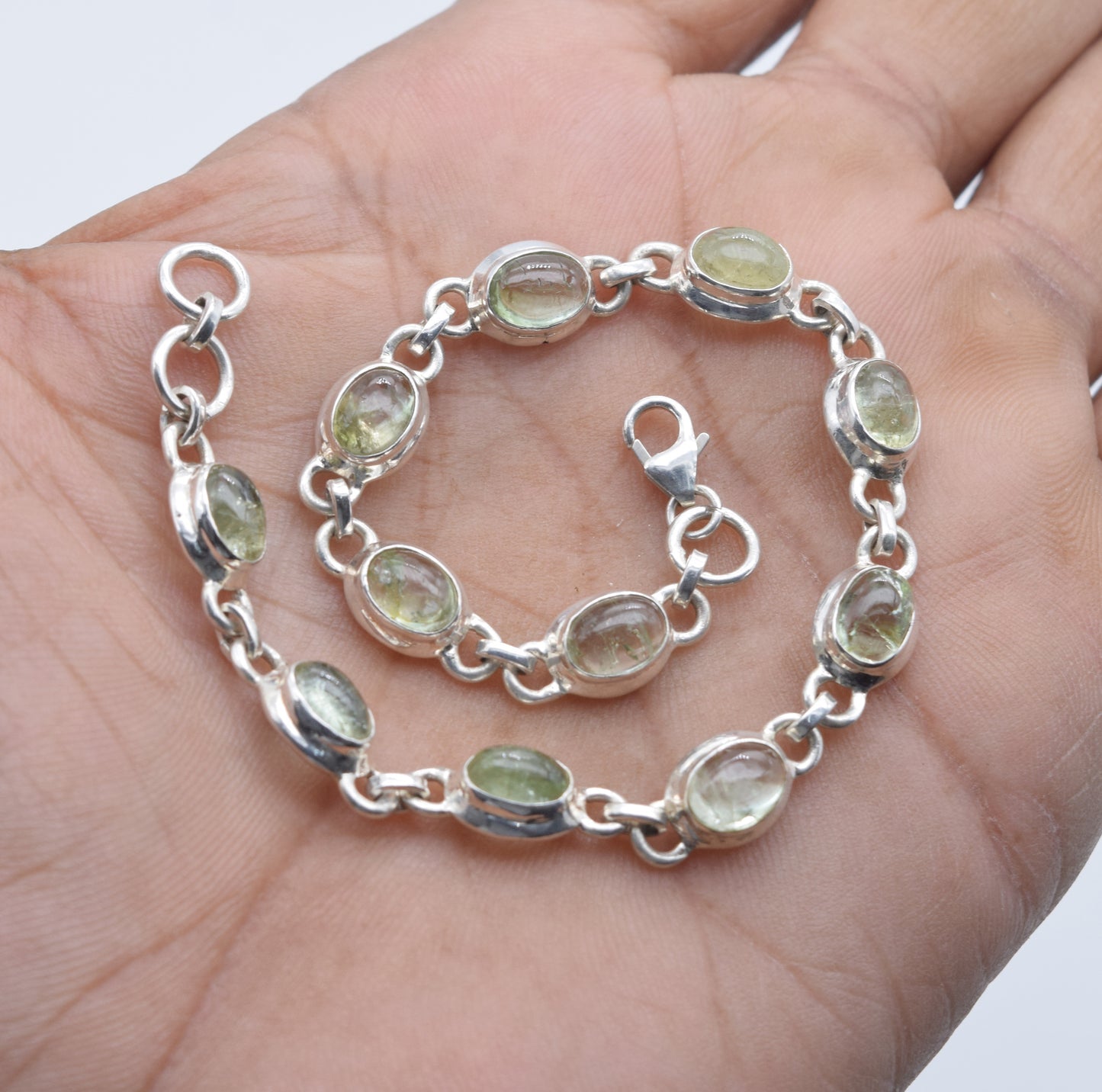 925 Solid Sterling Silver Aqua Tourmaline HANDMADE BRACELET - 8.3 Inch