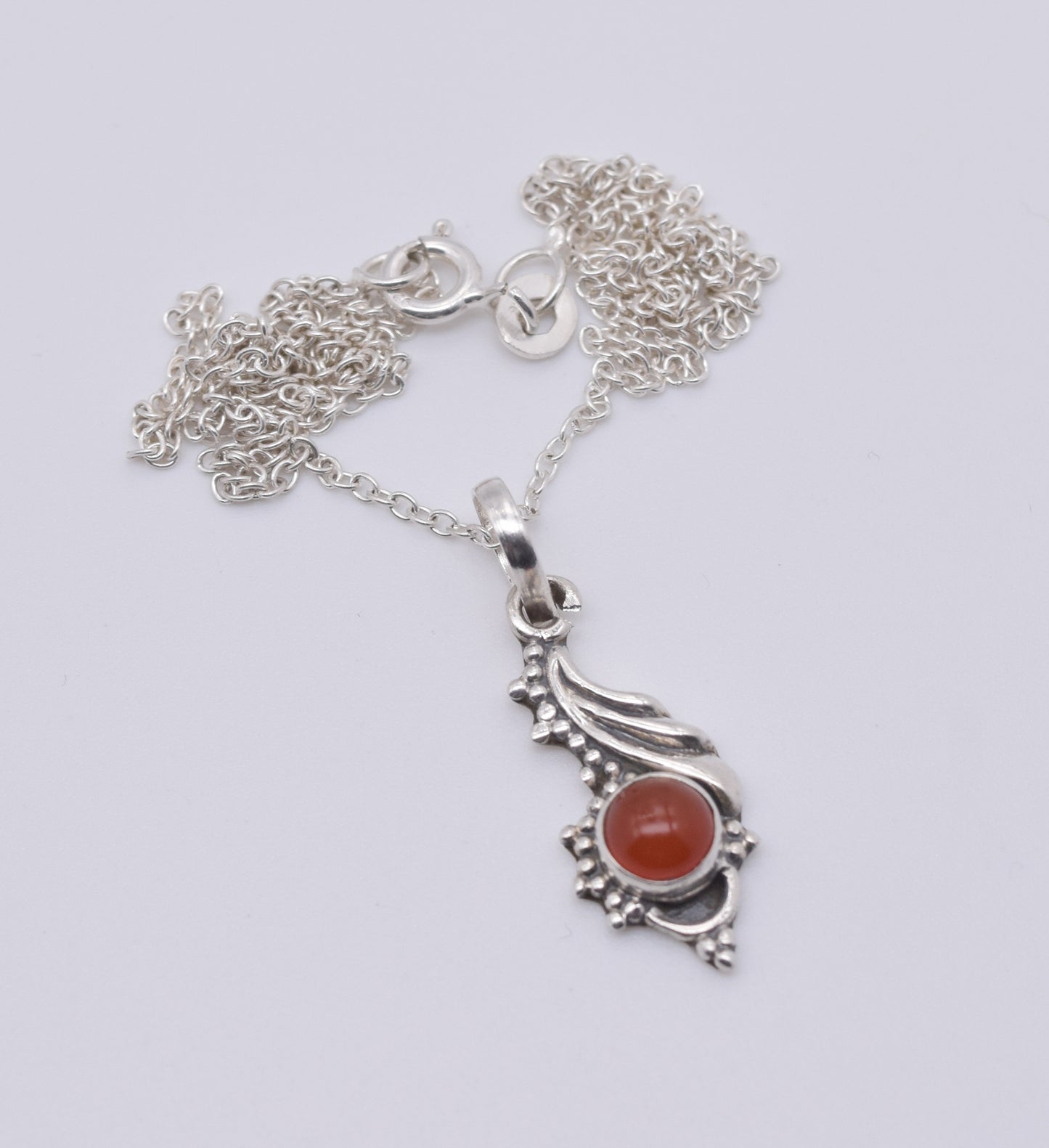 925 Solid Sterling Silver Red Carnelian Chain Pendant -19 Inch